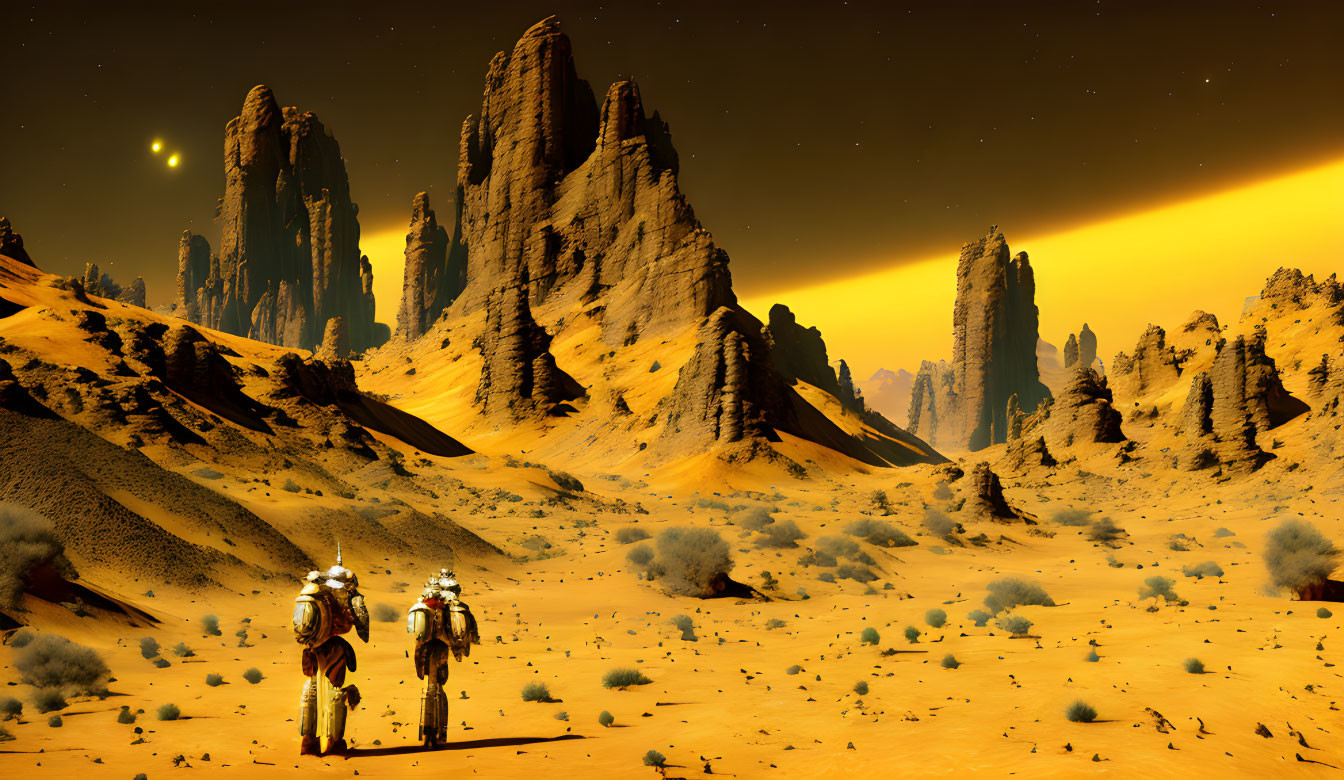 Astronauts exploring desert with towering rock formations on alien planet