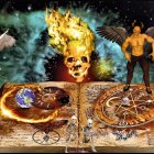 Fantasy-themed image with open book, gears, skulls, wings, and cosmic backdrop