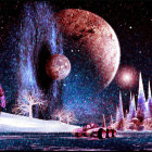 Fantastical cosmic landscape with crystal-like structures, moons, stars, and gradient sky