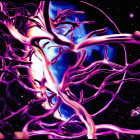 Colorful cosmic illustration of a woman with pink and purple hair in space.