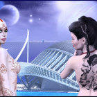 Ethereal women with starry hair in cosmic setting