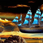 Fantastical night sky with two moons, sailing ships, and mountains