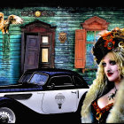 Blonde woman with steampunk hat by vintage car and blue shack