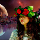 Fantasy-themed illustration of two female faces with floral crowns in celestial setting