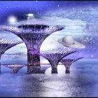 Futuristic cityscape with mushroom-like structures and flying saucer-like vehicles in misty ambiance under