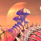 Exotic alien landscape with vibrant flora, moons, planet, and orange sky