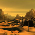 Surreal desert landscape with towering rocks, dunes, sparse vegetation, and two moons