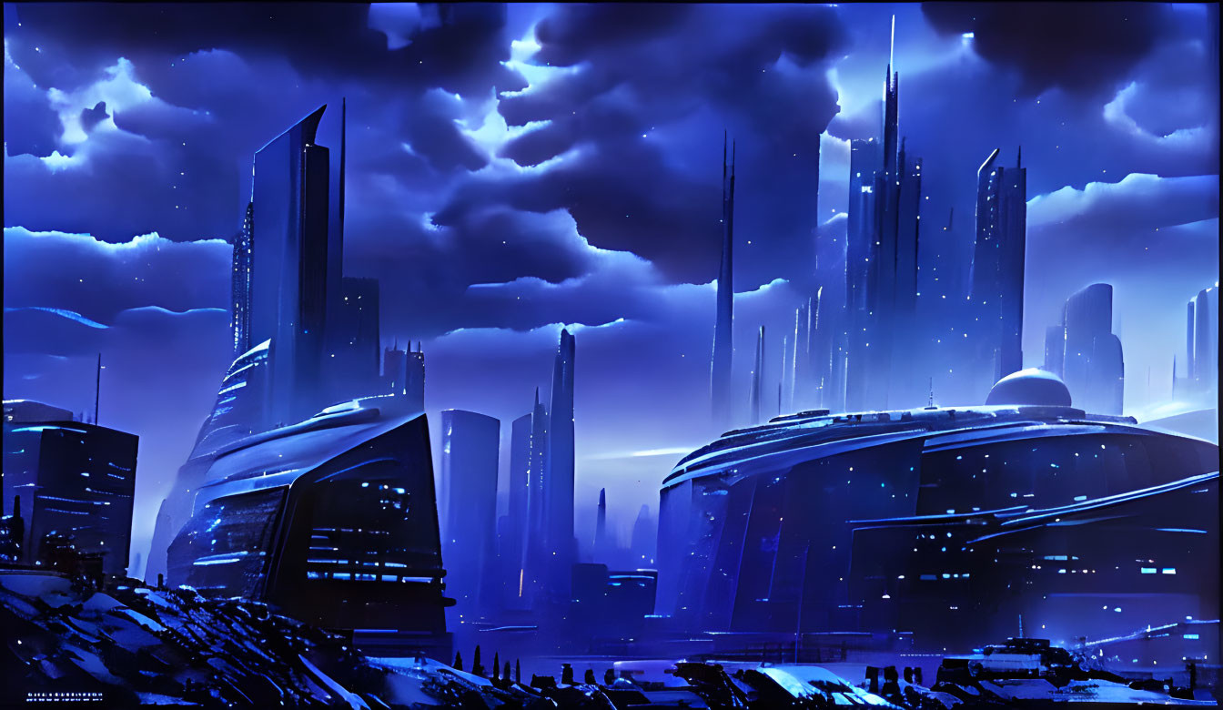 Futuristic Twilight Cityscape with Skyscrapers and Blue/Violet Palette