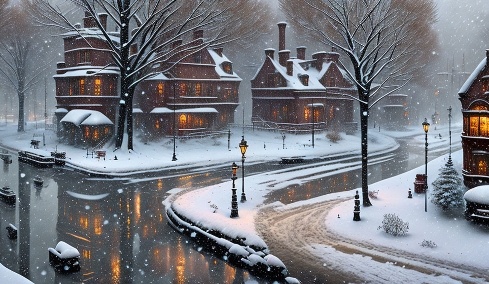 Snowy street scene with traditional houses and glowing windows