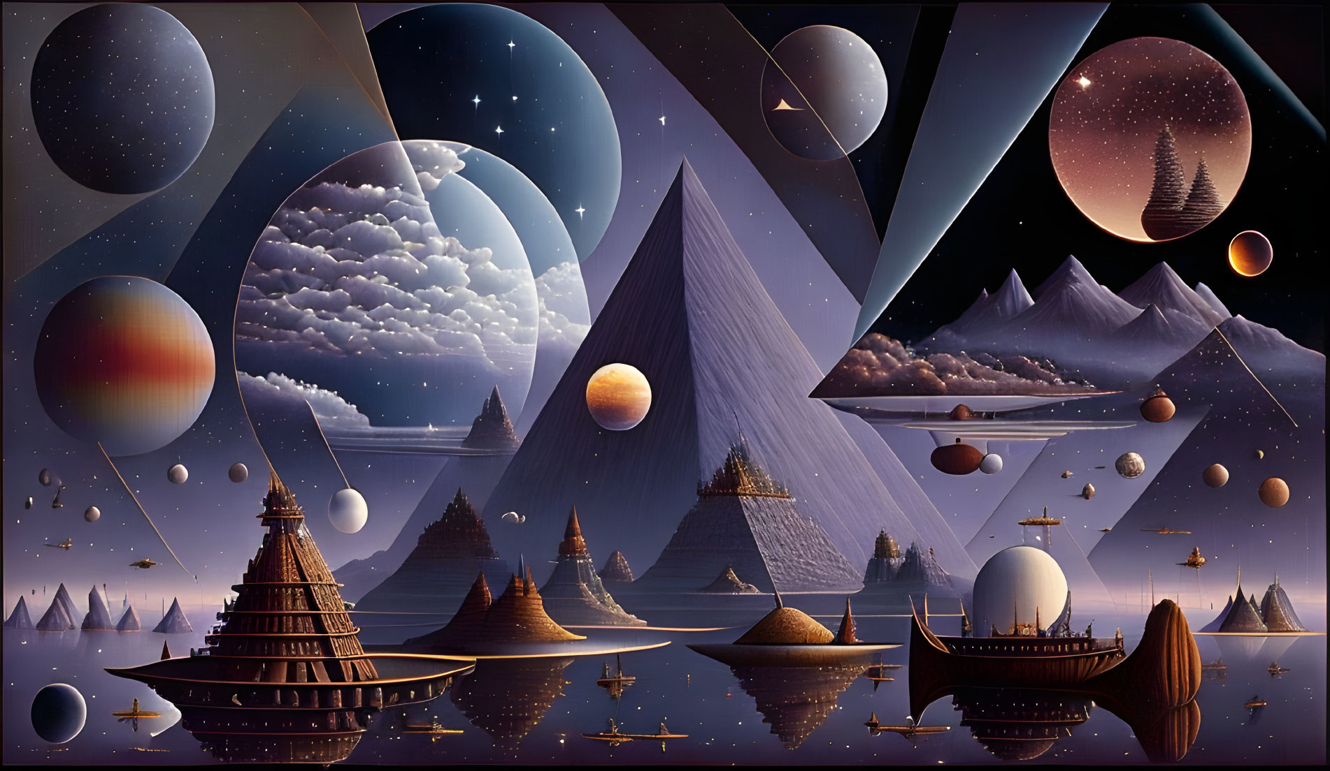 Surreal landscape with pyramids, ships, and celestial bodies in lunar and solar stages