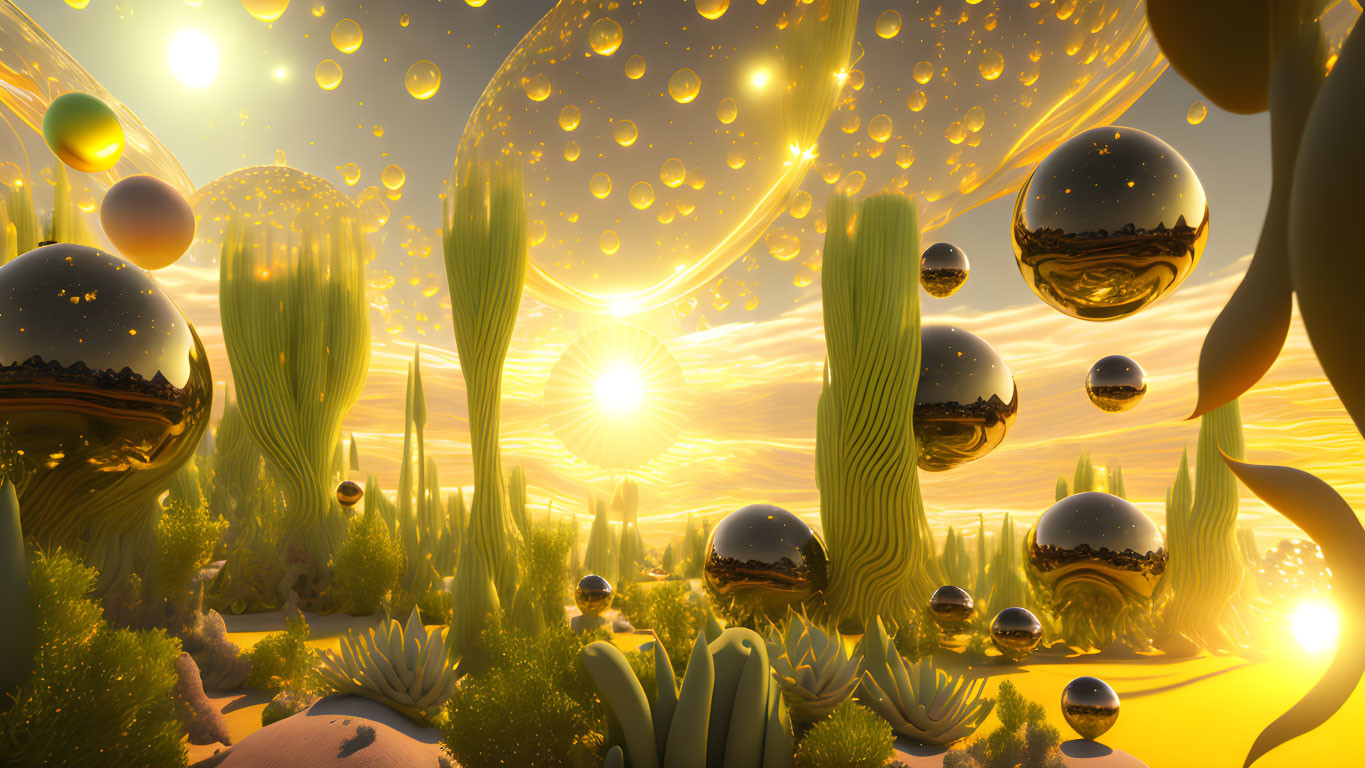 Surreal landscape with floating spheres and golden reflections among cylindrical plants under a radiant sun and yellow sky