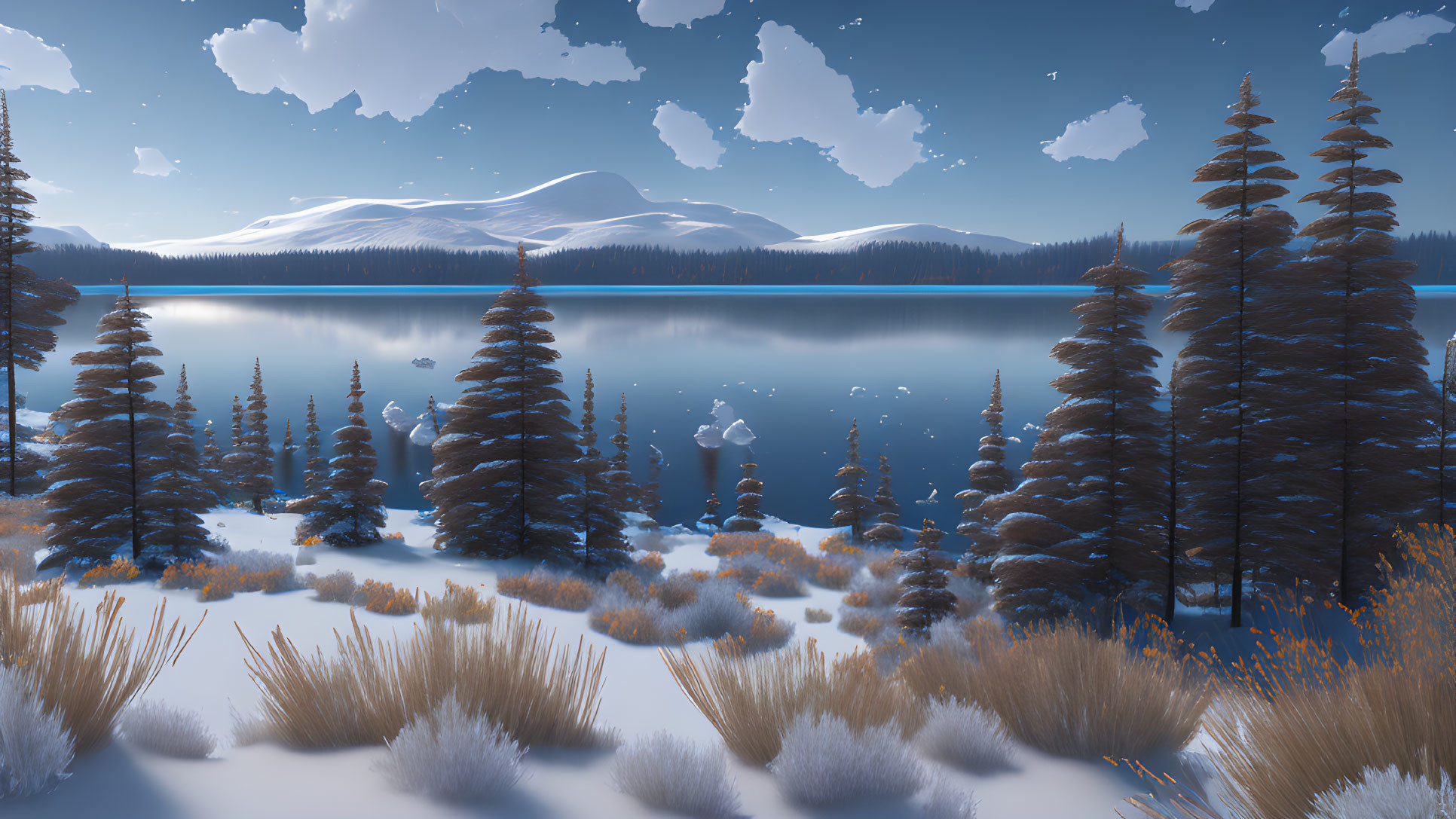 Snow-covered trees, calm lake, distant mountains - Serene winter landscape scene