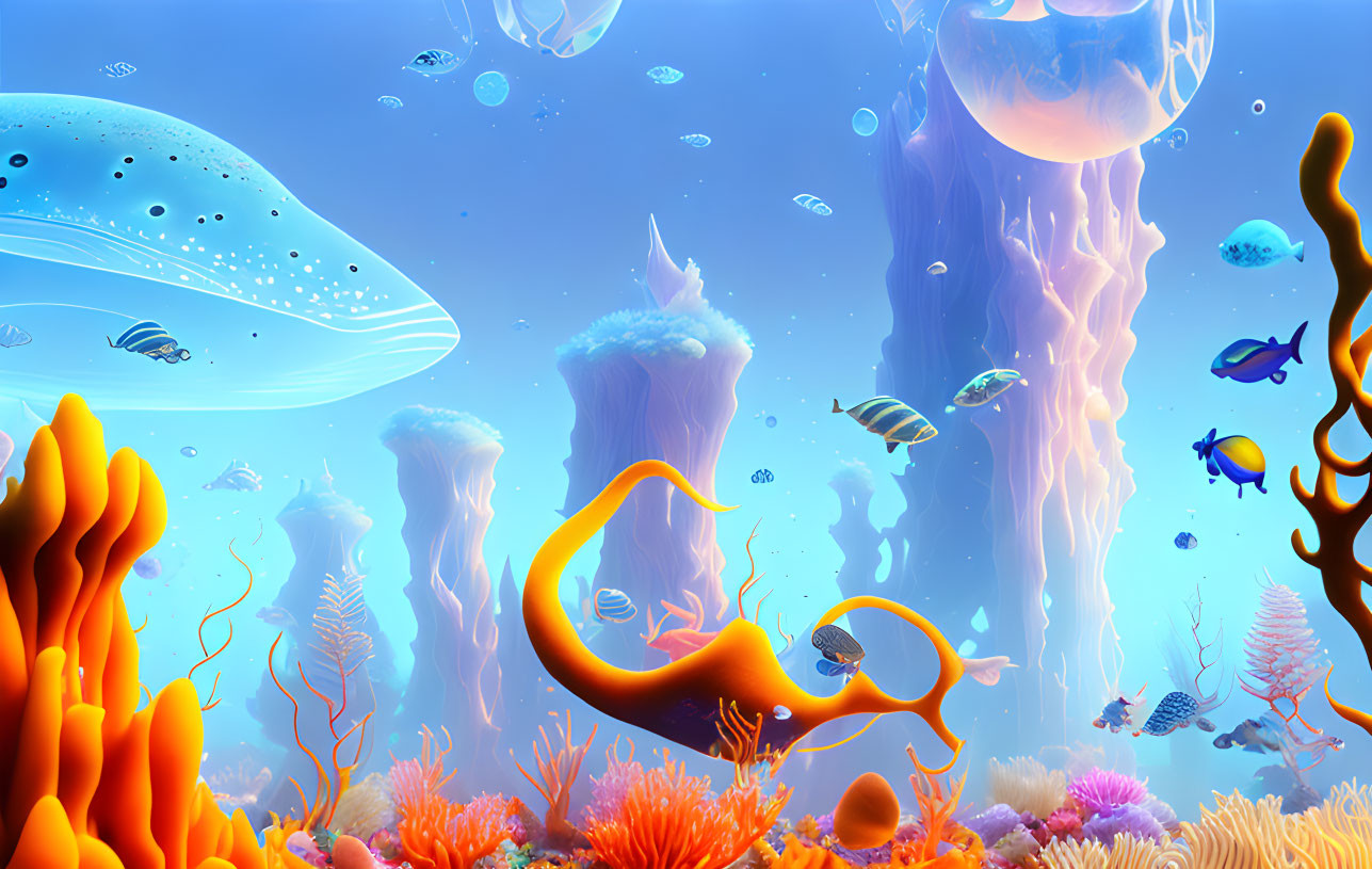 Colorful Underwater Scene with Whale, Jellyfish, Fish, and Coral