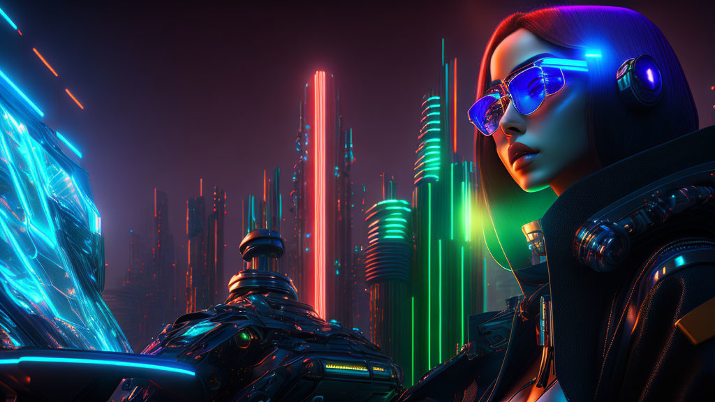 Futuristic cyberpunk scene with woman in reflective sunglasses surrounded by neon-lit skyscrapers