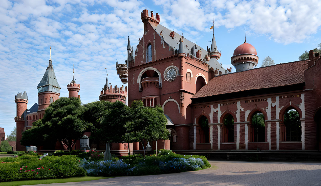 Majestic red brick castle with spires and clock tower in landscaped grounds