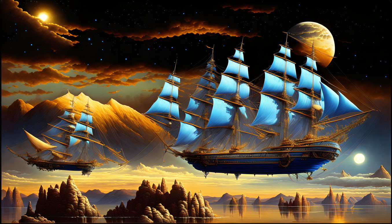 Fantastical night sky with two moons, sailing ships, and mountains