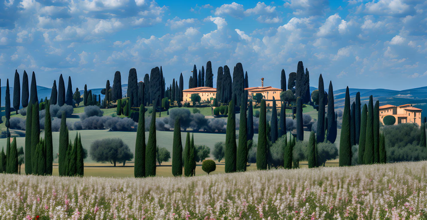 Tranquil Tuscan landscape with rolling hills and cypress trees