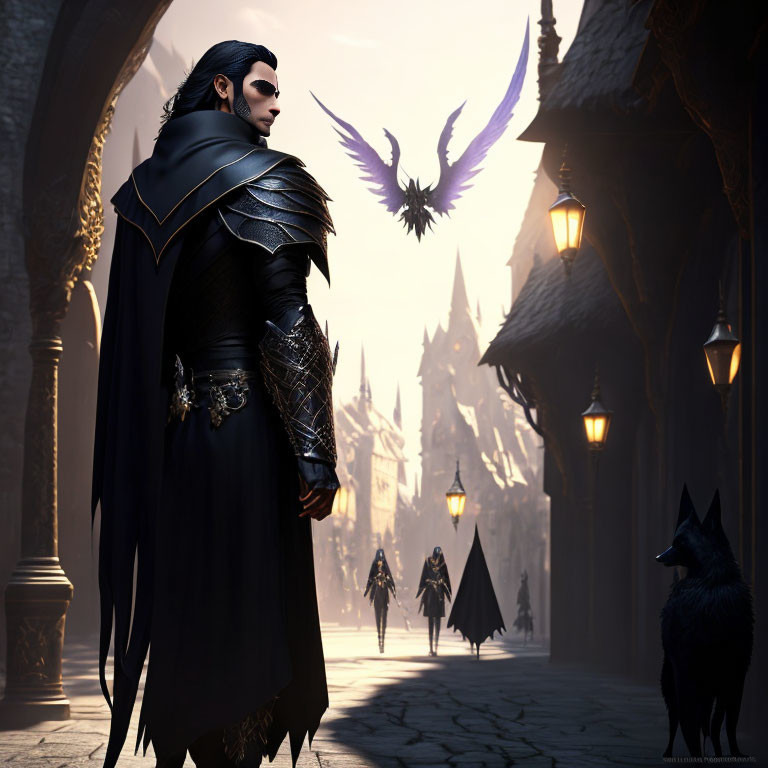 Male figure in dark armor with purple-winged creature and black wolf in gothic fantasy scene