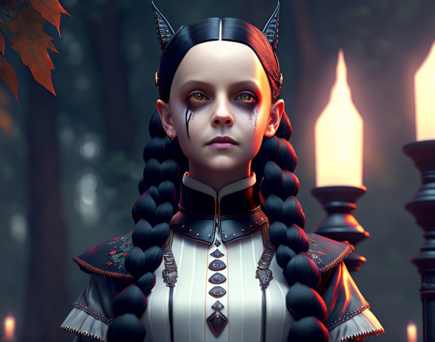 Fantasy character with braided hair and pointed ears in ornate medieval clothing.