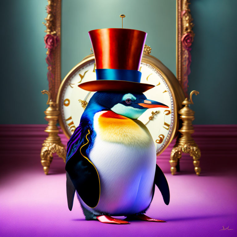 Stylized penguin with red top hat and monocle in ornate room