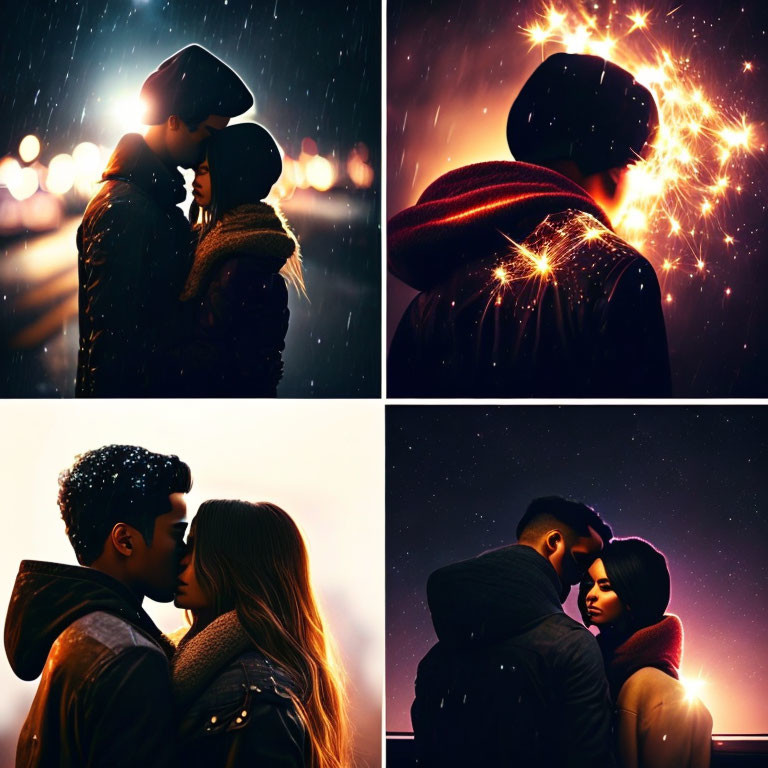 Couples Embracing and Kissing in Winter Night Scenes