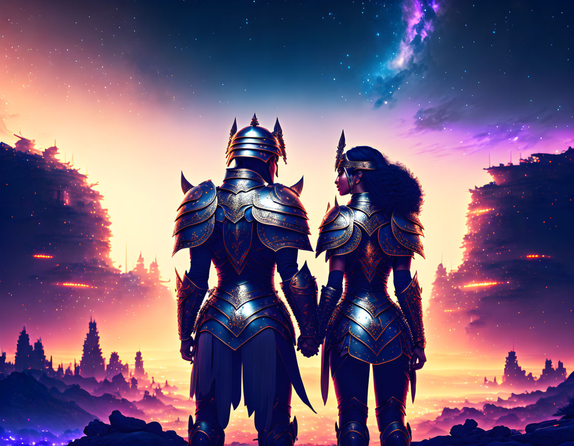 Armored knights holding hands under starry sky with glowing horizon