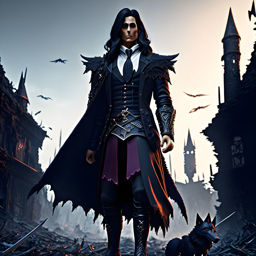 Gothic vampire male figure with raven in castle setting