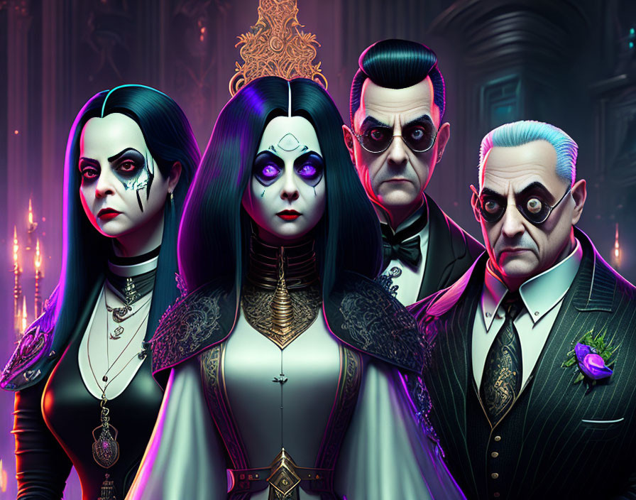 Stylized gothic vampire characters in candle-lit room