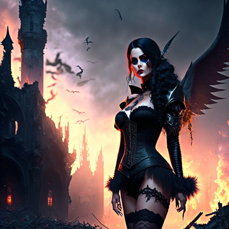 Gothic female figure with dark wings in front of fiery backdrop and eerie castles