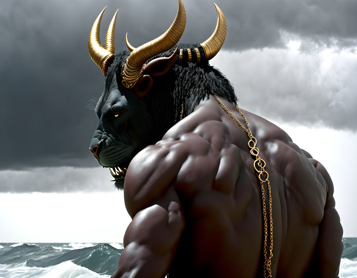 Muscular bull-headed figure with golden horns by stormy sea