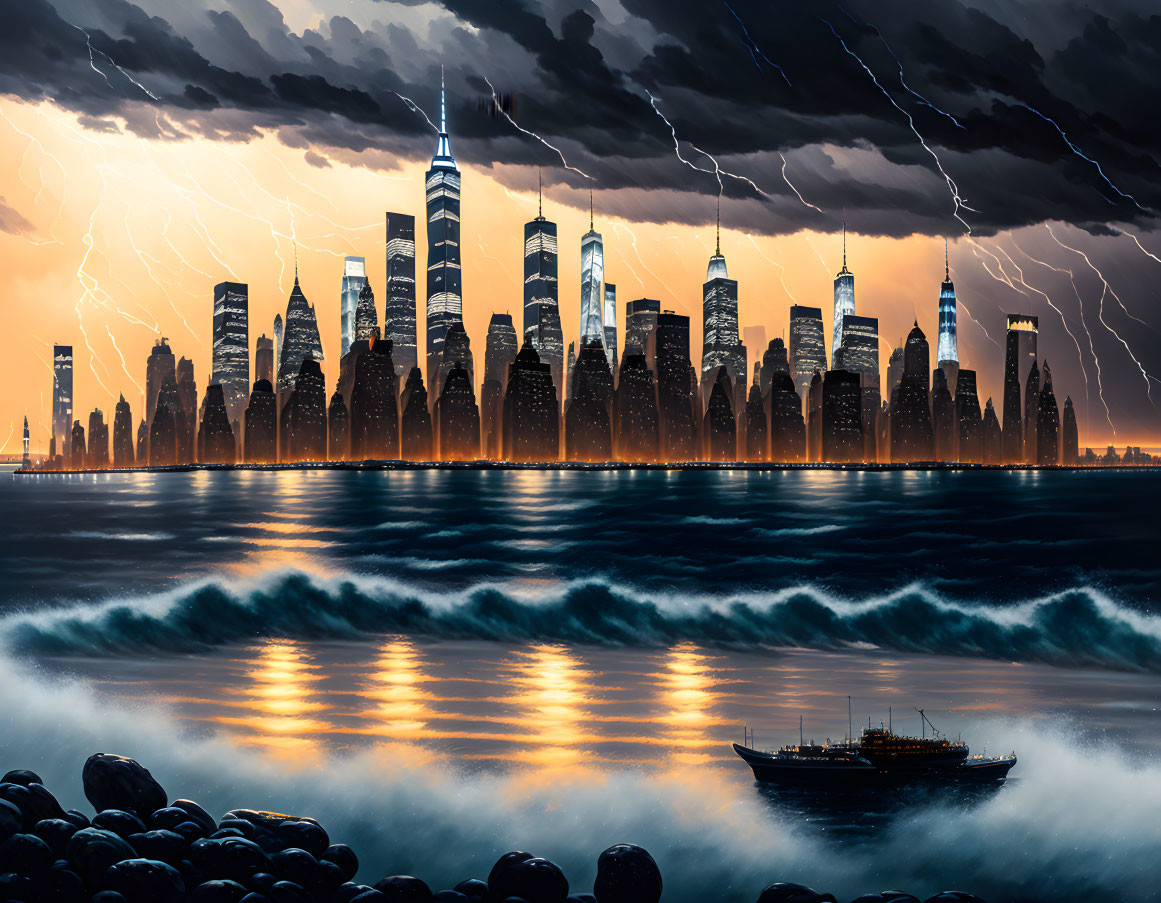 Dramatic cityscape with skyscrapers and lightning bolts over stormy sea