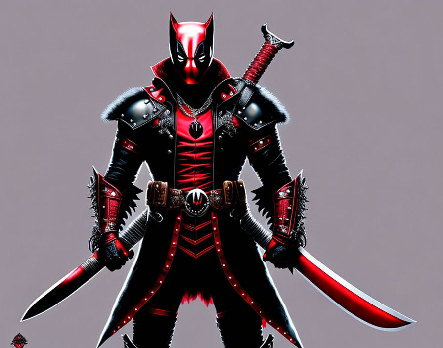 Character in Black and Red Armored Outfit with Bat Motif and Dual Swords