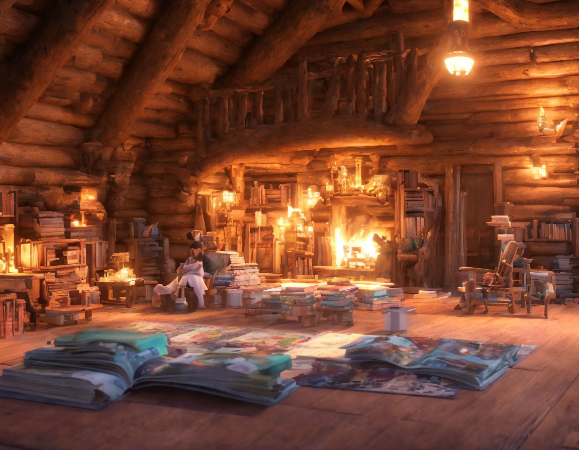 Warmly Lit Wooden Cabin Interior with Books, Fireplace, and Reader