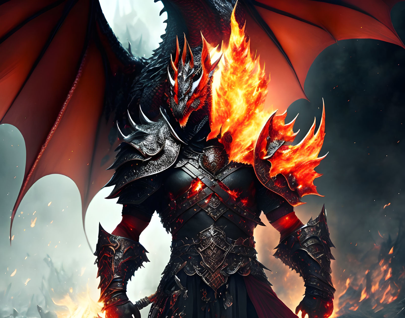 Armored dragon-themed figure with fiery wings and flames in smoky backdrop