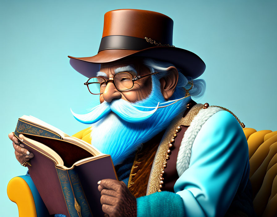 Elderly man with blue beard and hat reading a book