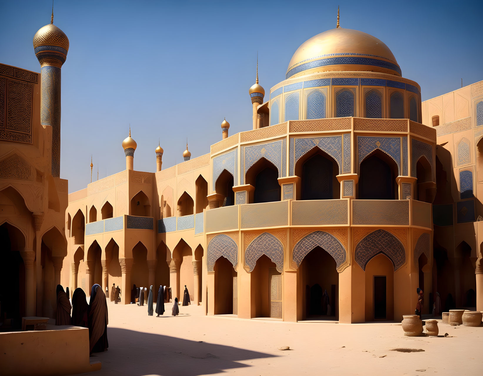 Ornate mosque with golden dome and minarets under clear blue sky