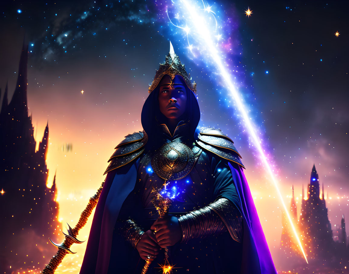 Regal figure in ornate armor under cosmic sky with stars and nebulae.