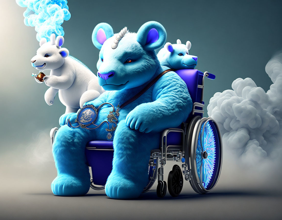 Stylized image of three blue bears with unique features