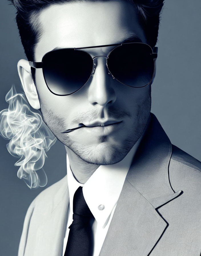 Monochrome image of stylish man with smoking sunglasses