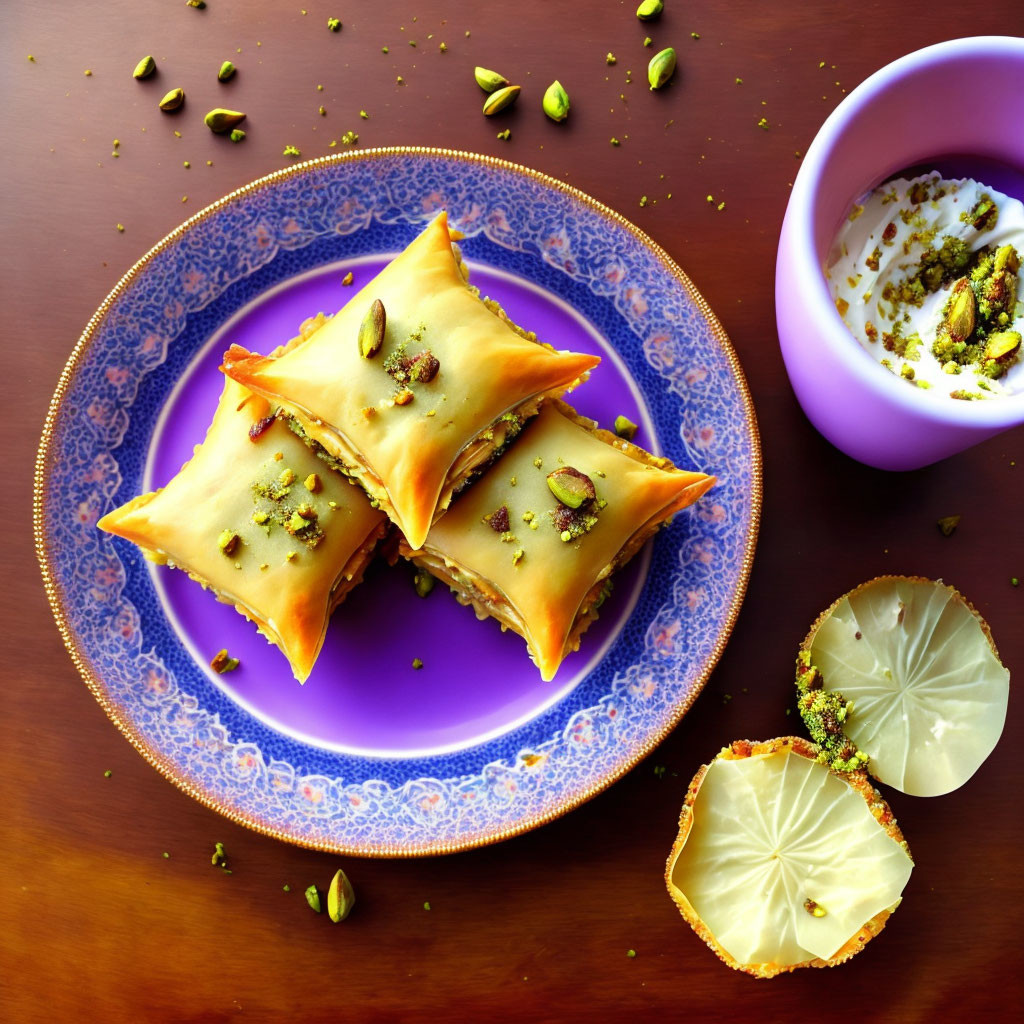 Golden-brown pastries with pistachios on blue plate, purple bowl, white floral accent on