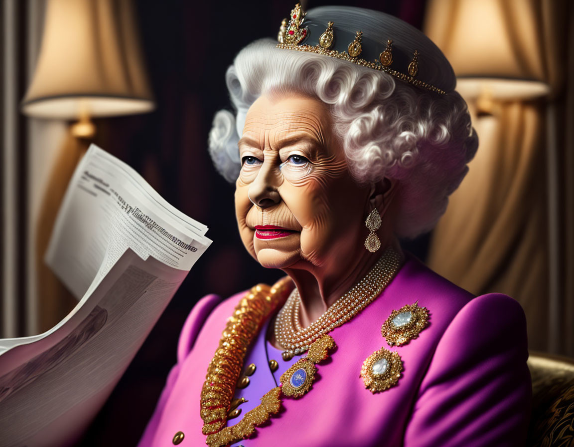 Elderly woman with crown in purple outfit reading document