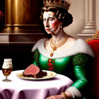 Portrait of Woman in Green Dress with Tiara, Sitting at Table with Food and Beverage