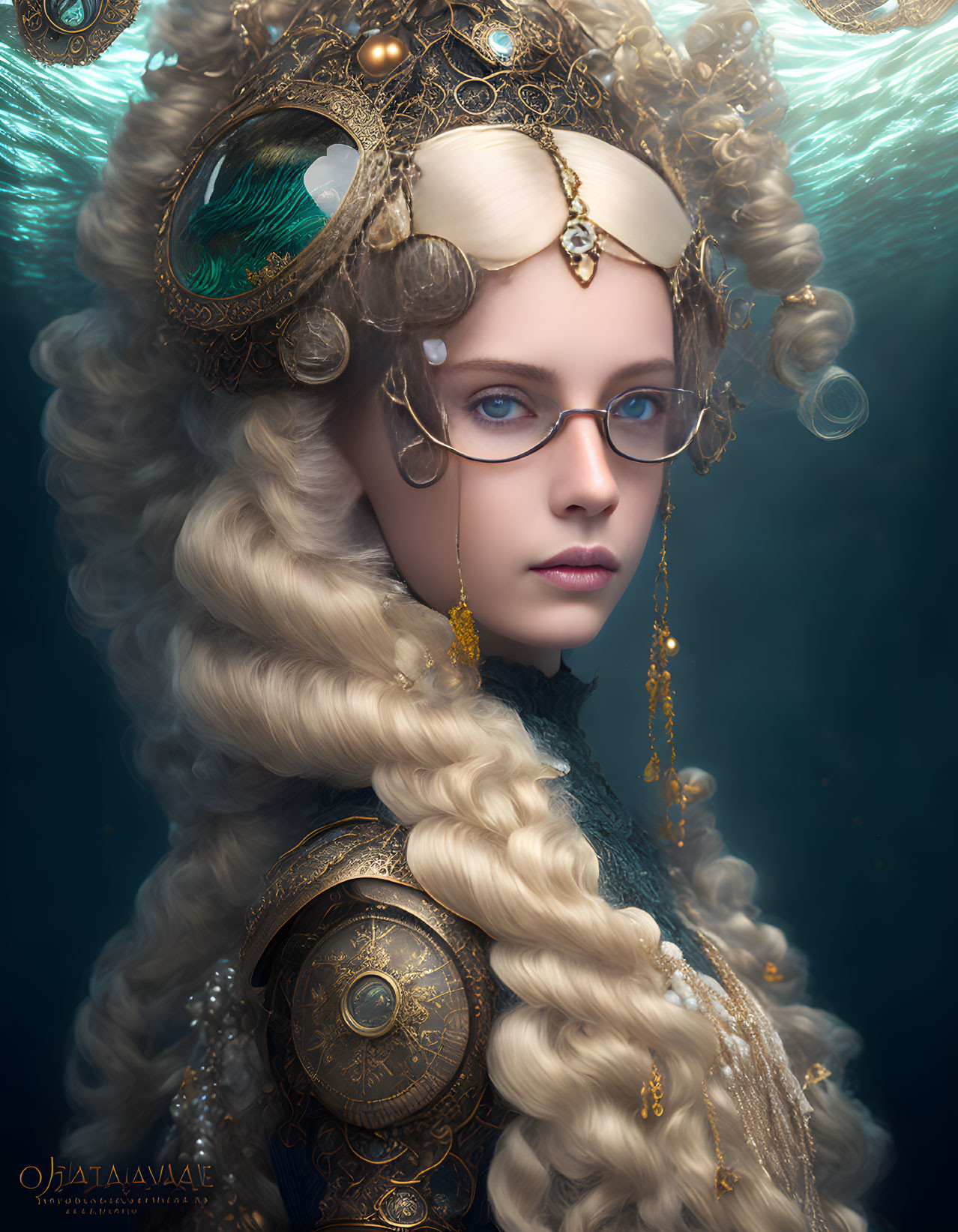 Woman in ornate fantasy costume with peacock feathers, glasses, blond curls, and headdress.