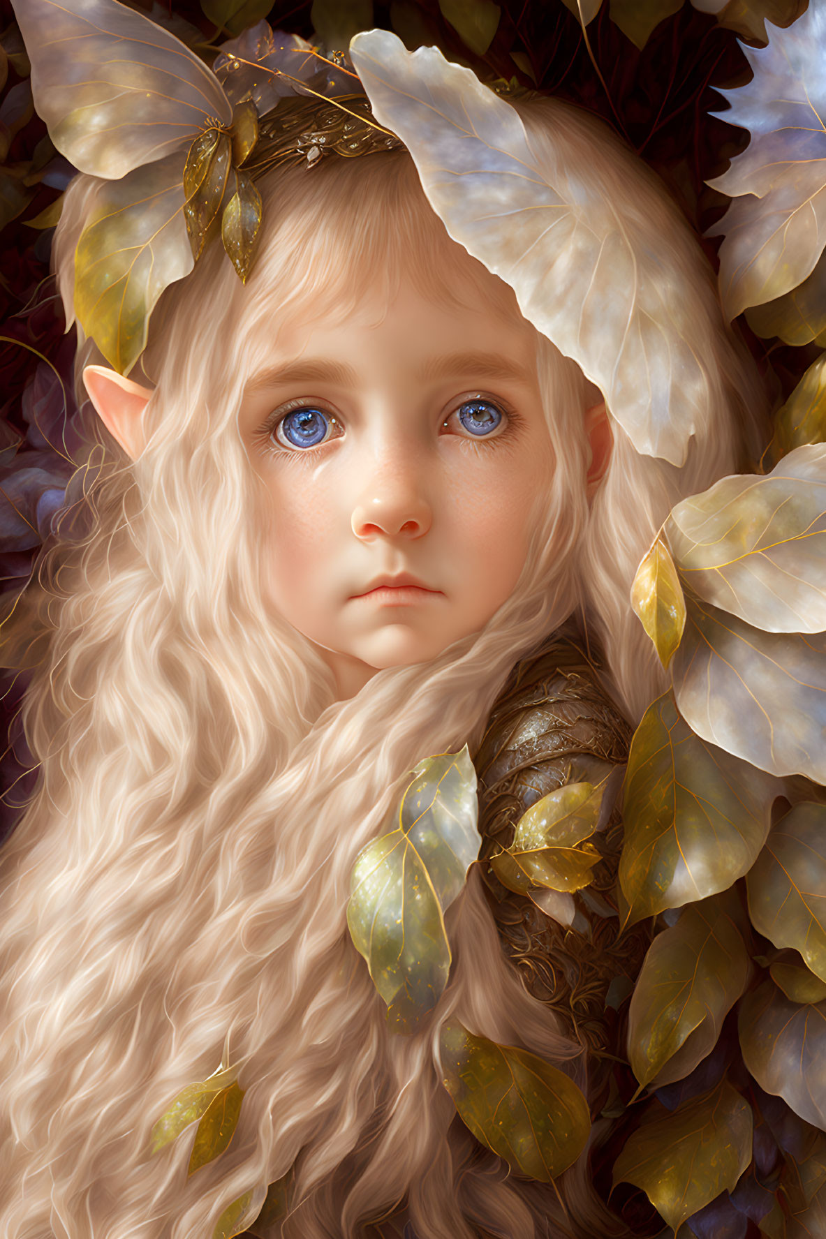 Child portrait with pointed ears, blue eyes, curly hair, and golden leaves background.