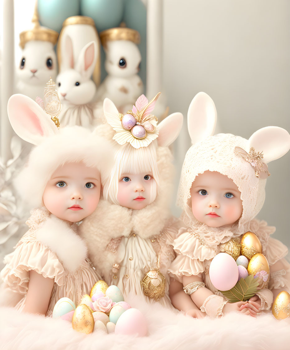 Pastel Outfits Dolls with Rabbit Ears Among Easter Eggs & Figurines