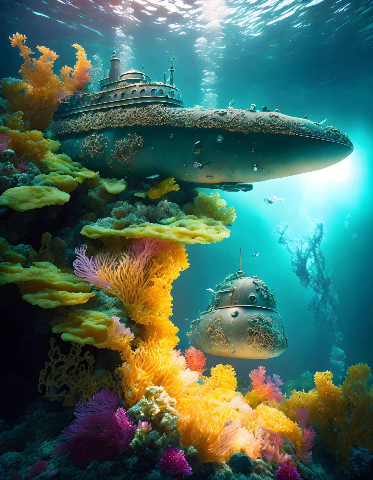 Aged submarines in vibrant coral reefs under sunlight.