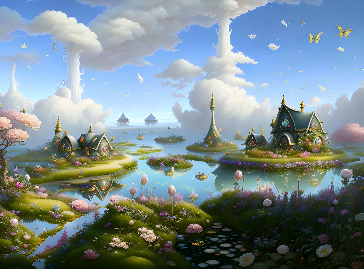 Whimsical landscape with floating islands and fairytale cottages