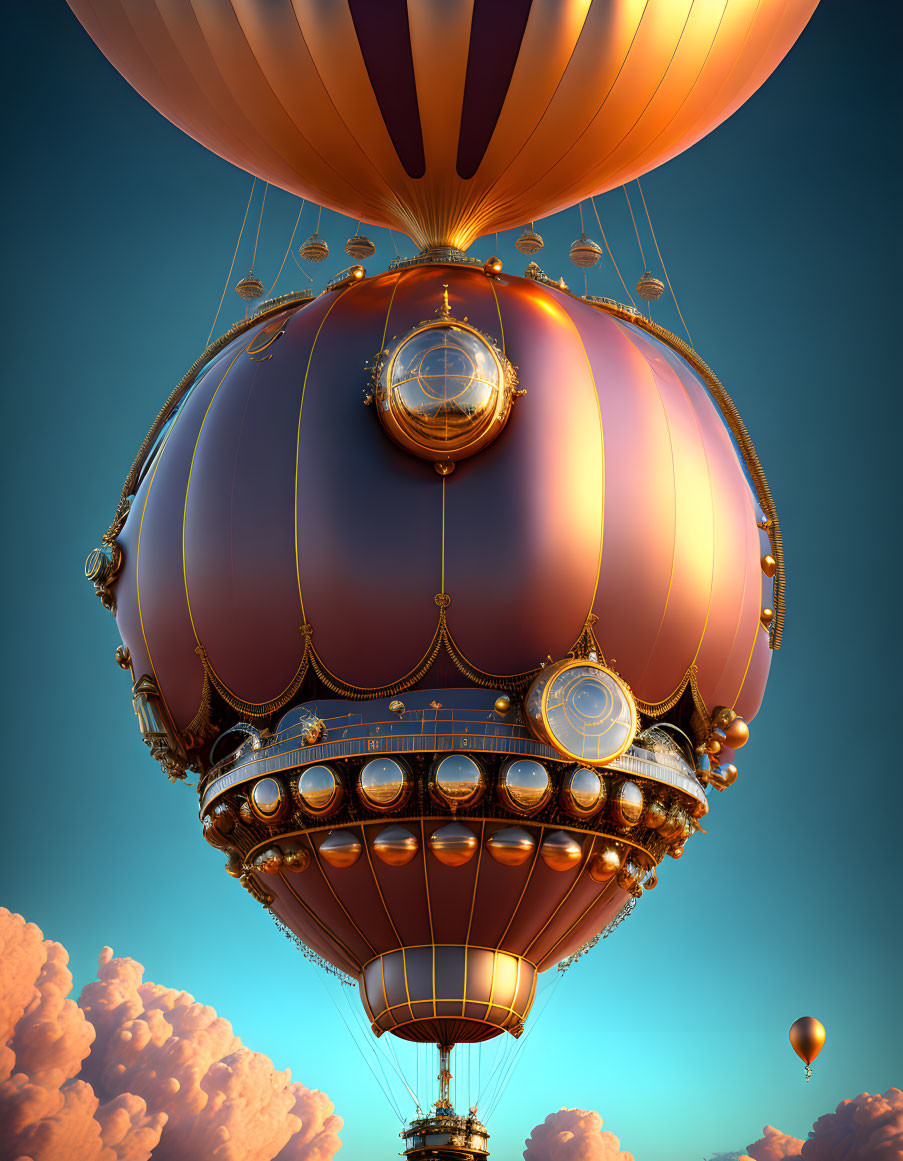 Steampunk-style hot air balloon artwork with brass and copper elements in cloudy sky