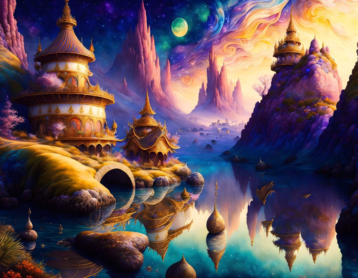 Fantasy landscape with whimsical architecture, purple flora, reflective water, and moonlit sky.