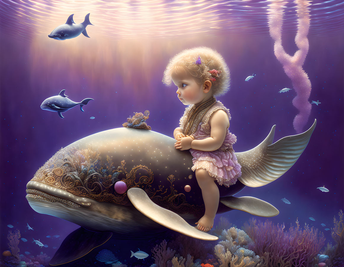 Toddler with flower adornments on ornately patterned whale in pink underwater scene